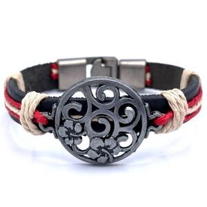 Black Faux Leather with Hemp Cord and Silver Hibiscus Boho Bracelet